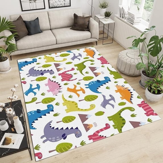 Color Cartoon Dinosaur Area Rugs, Green Cartoon Plant Soft Washable Carpet, Upholstery Rug With Non-Slip Backing For Kids Boys Girls Bedroom Living Room Dining Room Study 4x6ft