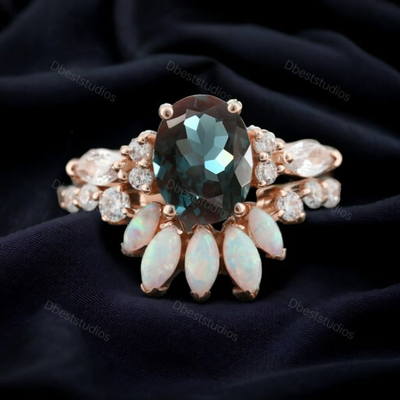 Color Change Alexandrite Ring Set Opal Diamond Curved Band Unique Cluster Wedding Ring Rose Gold Matching Band Birthday Promise Gift For Her