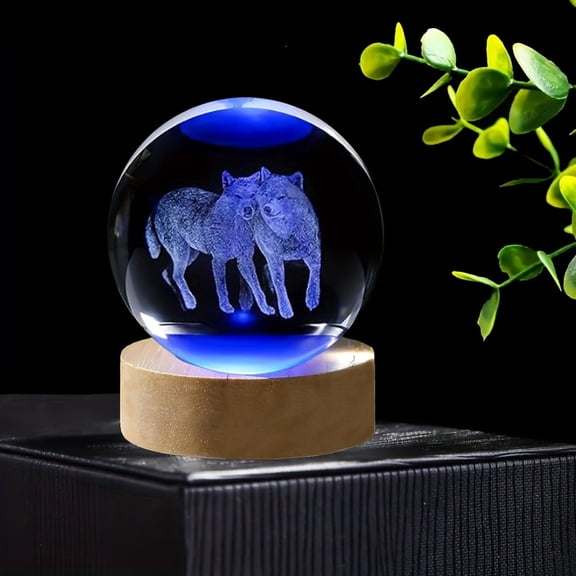 ColorChanging 3D Wolf Crystal Ball Night Light With Wooden LED Base, USB Wolf Figurine Sphere Lamp, Bedroom Home Decor, Birthday Mother's Day Easter Gift for WolfLoving Women Mom Wife