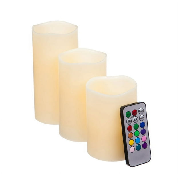 Color Changing Battery Operated Flameless LED Wax Pillar Candle w/Remote, Set of 3