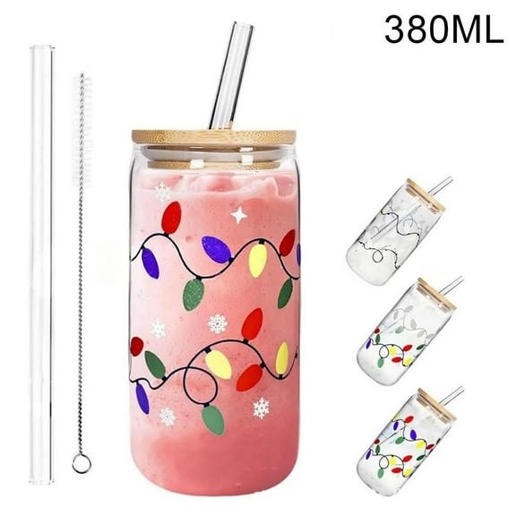 Color Changing Christmas Cup,18oz Cute Color Changing Glass Cup with Leakproof Lid & Straw,Reusable Travel Coffee Mug for Iced Coffee,Smoothie,Cocktail,Xmas Party Decoration Tumbler