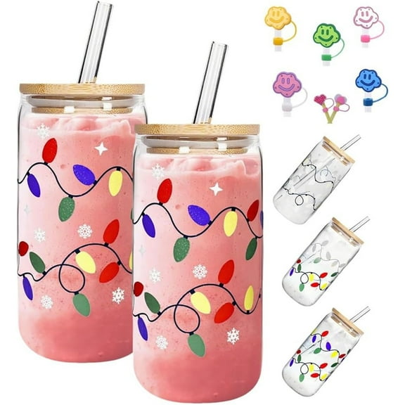 Color Changing Christmas Cup, Cute Color Changing Glass Cup, Bamboo Leakproof Lid & Steel Straw, Reusable Travel Mug for Iced Coffee, Smoothie, Cocktail, Xmas Party Decoration Gift Tumbler(#2A,380ML)