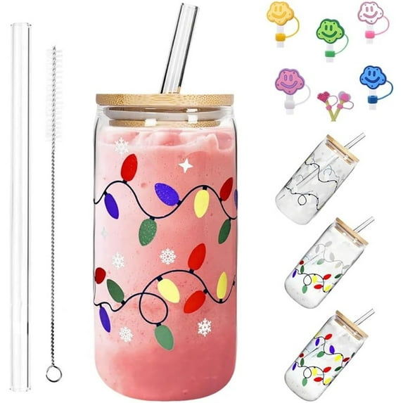 Color Changing Christmas Cup, Cute Color Changing Glass Cup, Bamboo Leakproof Lid & Steel Straw, Reusable Travel Mug for Iced Coffee, Smoothie, Cocktail, Xmas Party Decoration Gift Tumbler(#2A,380ML)