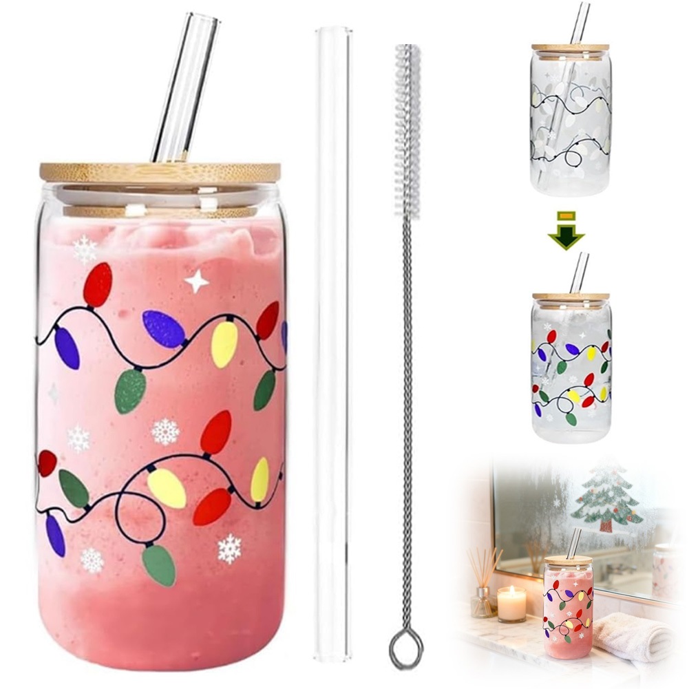 Color Changing Christmas Glass Cup with Lid and Straw, Frosted Iced ...