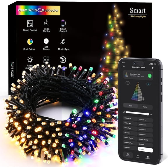 Color Changing  Christmas Lights, 98ft 300  Warm White & Multicolor Christmas Lighting with APP/Voice Control, Music Sync Xmas Tree Lights Dimmable String Lighting for Xmas Party Tree