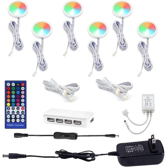 Color Changing Christmas Xmas Decor Under Cabinet LED Lighting IR Remote Control Multi Color Puck Lights for Kitchen Shelf Counter Furniture Holiday Lighting 6 Lights 18W RGBW RGB + White