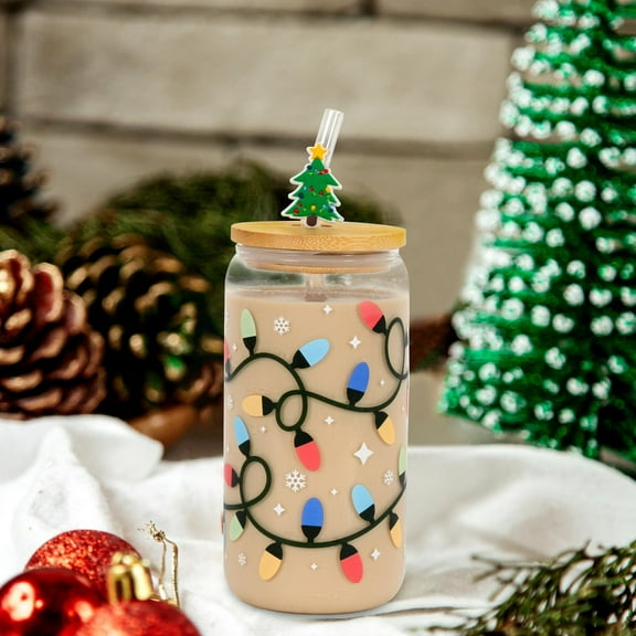 Color Changing Cup,16oz Cute Holiday Iced Coffee Glasses with Bamboo Leakproof Lid,Glass Straw for Iced Coffee,Cold Drinks,Gift 500ml(Multicolor)