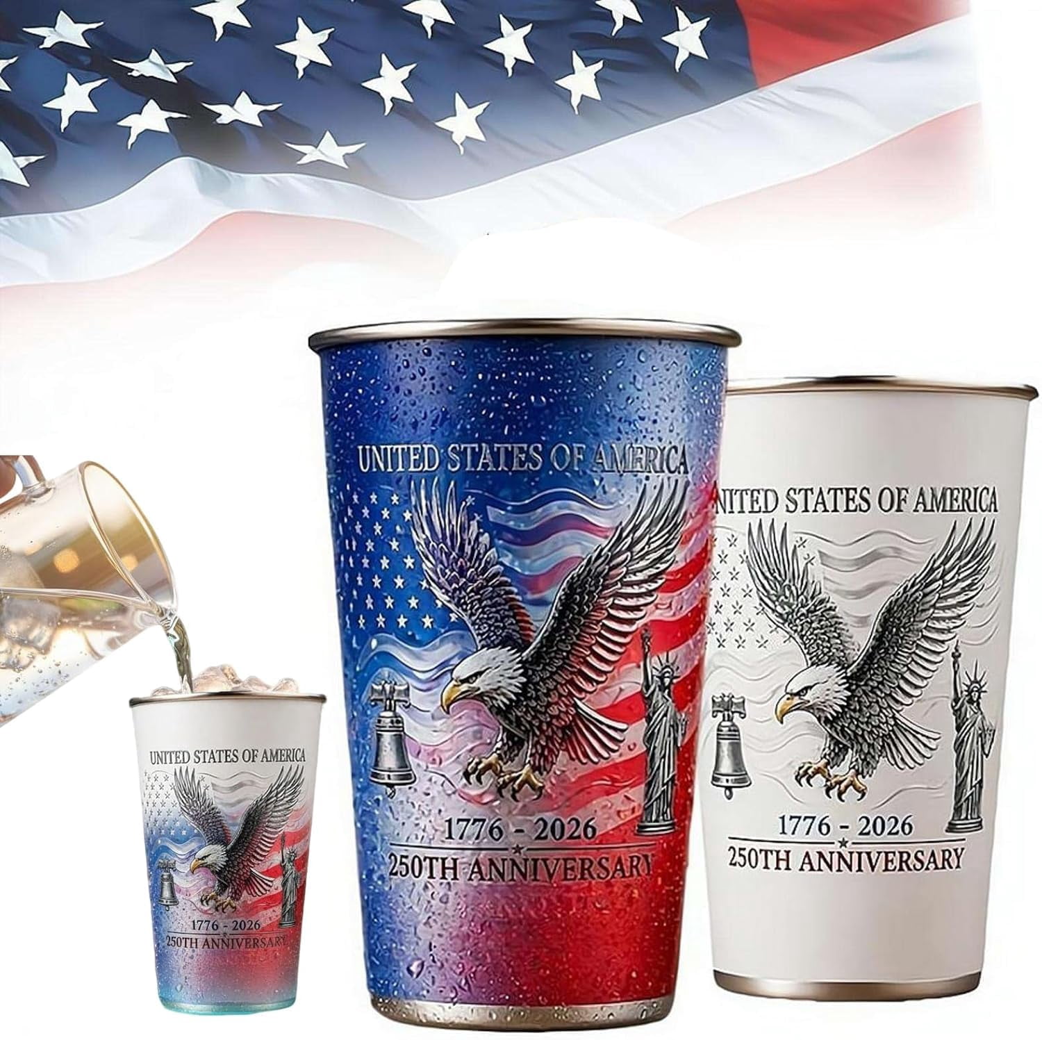 Color Changing Cups, 250th Anniversary Tumbler, Patriotic Stainless Steel Tumbler 16.9oz, Cold Activated Red White Blue Coffee Mug, Drinking Cup for Cold Beverages