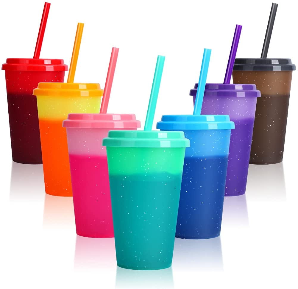 Set of 5 Confetti Color Changing Kids Cups with Colored Lids and Straw