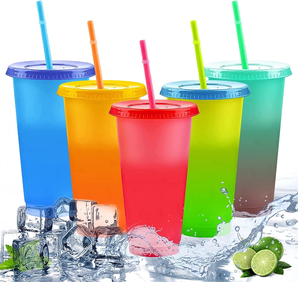 Color Changing Cups with Lids and Straws for Adults - 5 x 24oz Reusable Cups with Lids and Straws, Bulk Plastic Cups with Lids and Straws for Kids Women, Cold Iced Coffee Cups & Water Party Tumbler