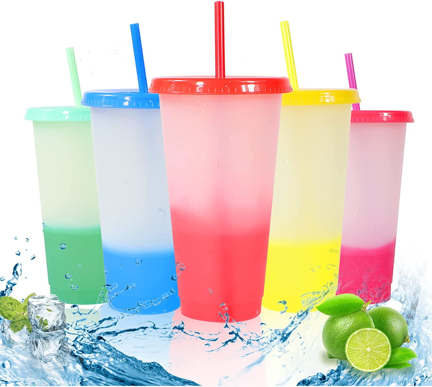Color Changing Cups with Lids and Straws, TRIANU 5Pcs 16 oz Color Changing Tumblers, Reusable