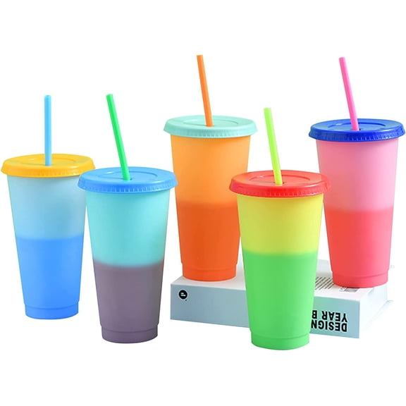 Color Changing Cups Plastic Tumblers Cups with Lids & Straws-12oz Reusable Plastic Tumblers Straws 7 Pack for Party Ice Cold Drinking Cup Kids Adults, 7 Count (Pink)