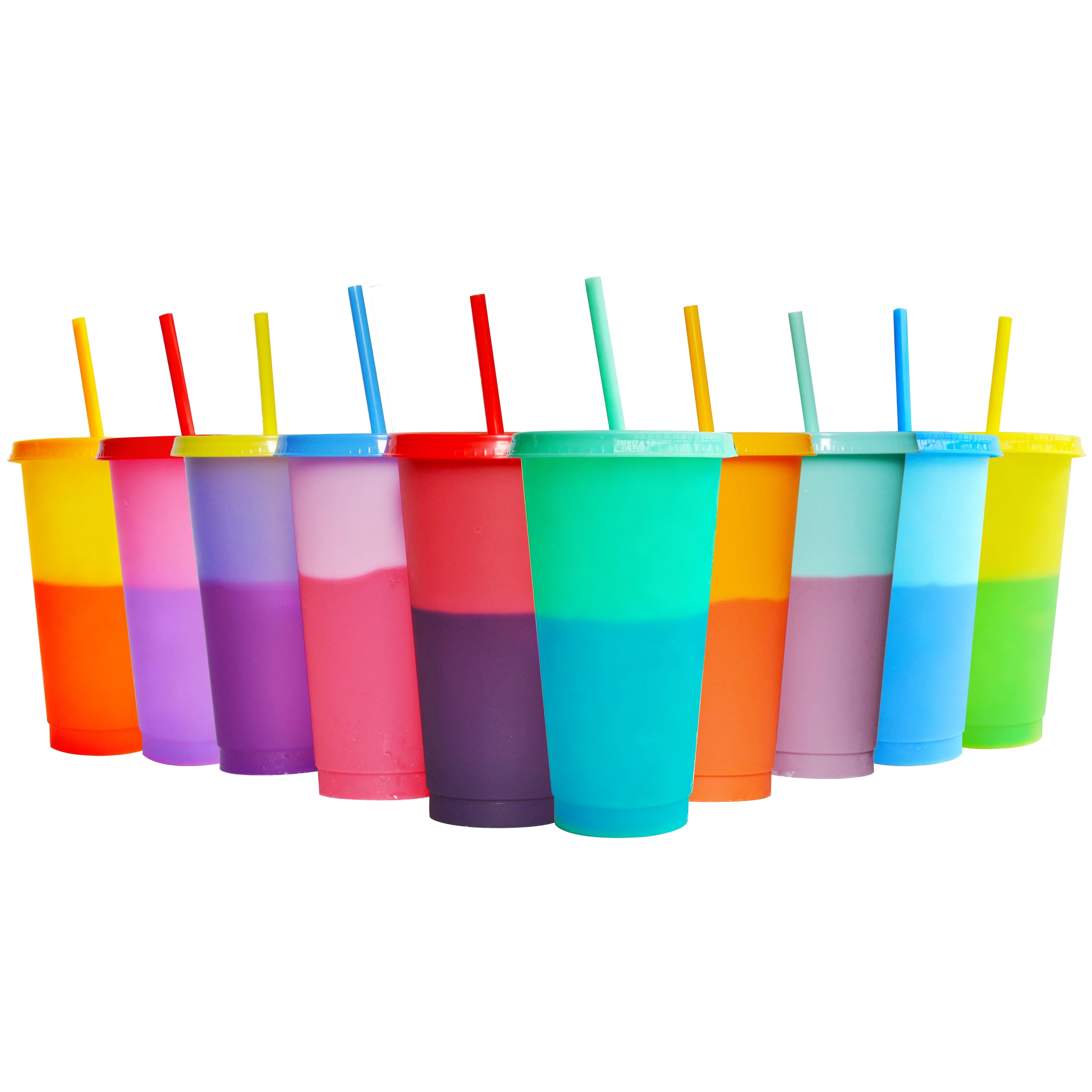 Color Changing Cups Set Cooler 24oz Reusable Plastic Cold Drink Cups with Lids and Straws for Adults with Lids and Straws In Bright Colors, 10 Packs Iced Coffee Cup, Smoothie Cups with Lids and Straw