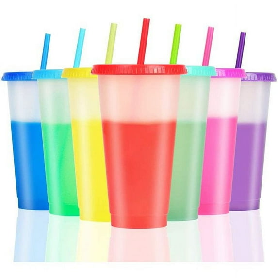 Color Changing Cups Tumblers with Lids & Straws for Kids - 7 Reusable Plastic Bulk Tumblers with Lids and Straws 24oz Cold Cup Tumbler Set for Kids,Christmas Cups