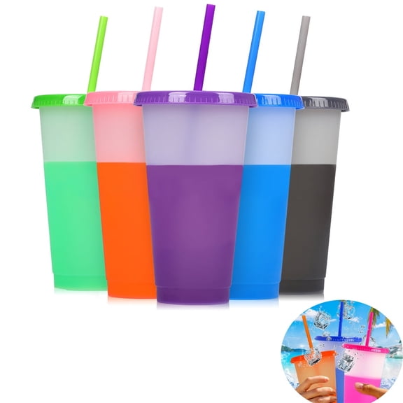 Color Changing Cups Tumblers with Lids Straws - 32oz Plastic Cold Cups for Adults Kids 5 Pack Reusable Tumblers - Dishwasher Safe - Stackable