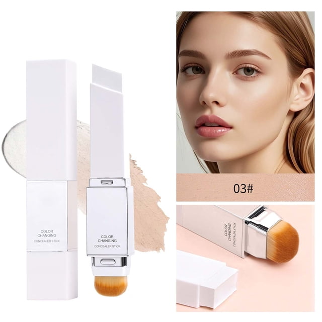 Color Changing Foundation Stick, 2 in 1 Dual Ended Korean White Foundation Stick with Brush, Cover Cream Stick, Medium to Full Coverage, Brightening Makeup Base for Smooth Hydrating Flawless Look