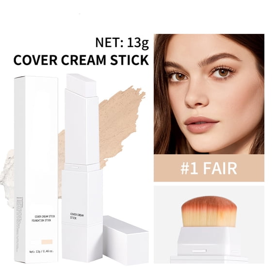 Color Changing Foundation Stick, 2-in-1 Dual Ended Full Coverage Foundation Stick with Brush, Brightening Makeup Base for a Smooth Hydrating Flawless Look, SoftBrush