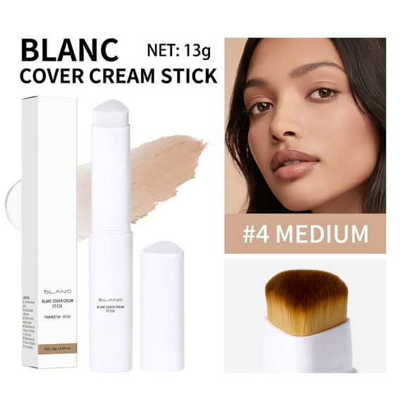 Color Changing Foundation Stick with Built-in Brush, Quick Fix Full Coverage Concealer Stick, Hydrating Concealer Base Makeup, 2 IN 1 Double Head Foundation Stick for Flawless Look (#04, Medium)