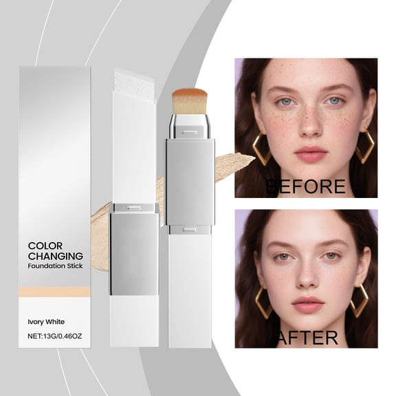 Color Changing Foundation Stick, Full Coverage Cream Stick Hydrating Makeup, Hydrating Concealer Base Makeup, 2 IN 1 Double Head Foundation Stick for Flawless Look (Ivory White)