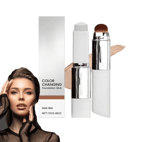 Color Changing Foundation Stick, Medium to Full Coverage Cream Stick Hydrating Makeup, Dual-Ended with Soft Brush for Flawless Look, Color Changing Cover Cream Stick(Dark Skin)