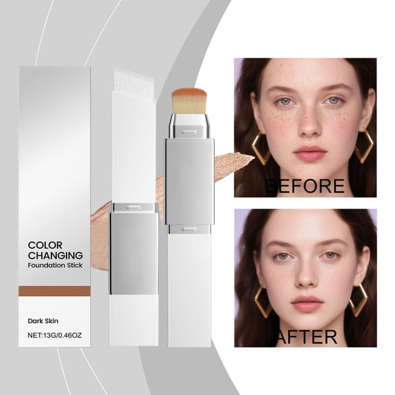 Color Changing Foundation Stick, Medium to Full Coverage Cream Stick Hydrating Makeup, Dual-Ended with Soft Brush for Flawless Look, Dual-Ended with Detachable Brush for a Flawless Look