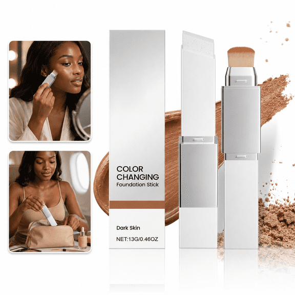 Color-Changing Foundation Stick with Detachable Brush, Dual-Ended Buildable Coverage Makeup, Natural-Looking Finish, 13 g/0.46 oz, Dark Skin
