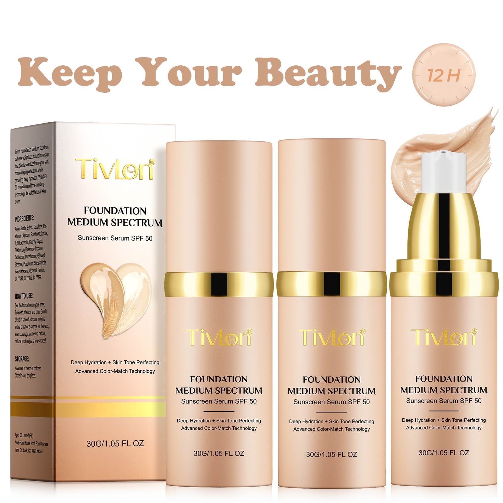 Tivlon Color Changing Foundation, SPF 50+, Hydrating