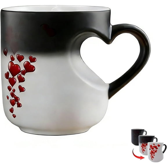 Color Changing Heart Coffee Mug, 10oz Ceramic Cup for Hot Beverages, Heat Sensitive, Black to Red