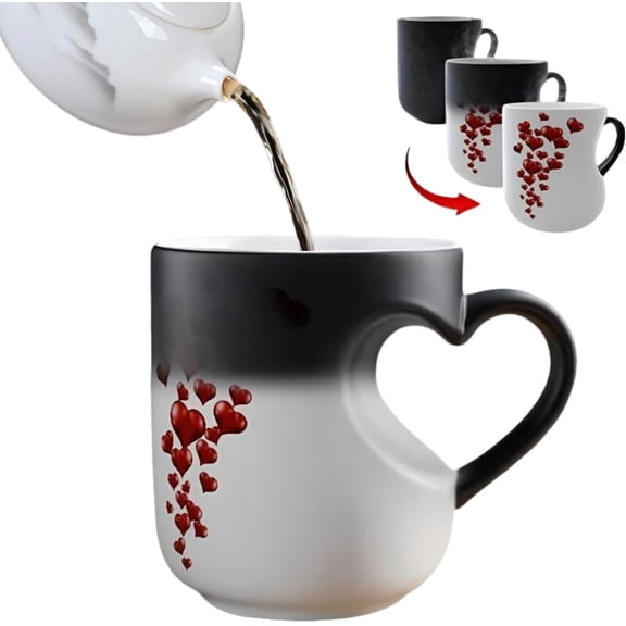 Color Changing Heart Mug, 11oz Ceramic Cup with Heat Reveal Design, Black to White for Hot Coffee and Tea