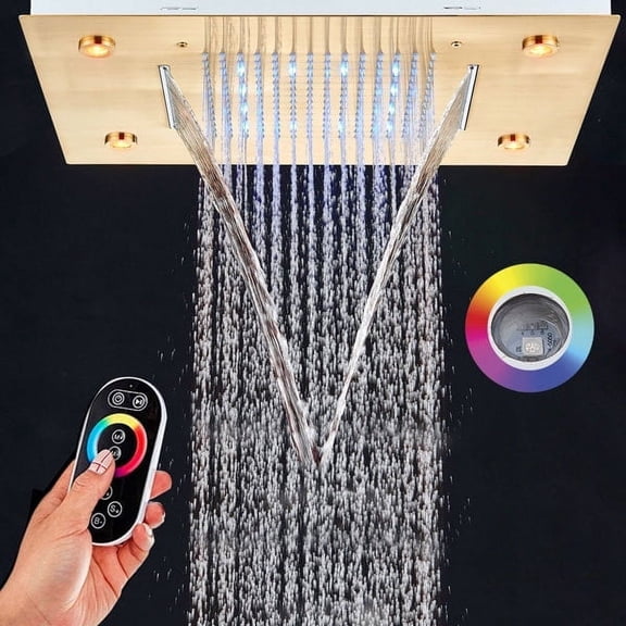 Color Changing LED Shower Head High Pressure Rain Remote Control Brushed Gold