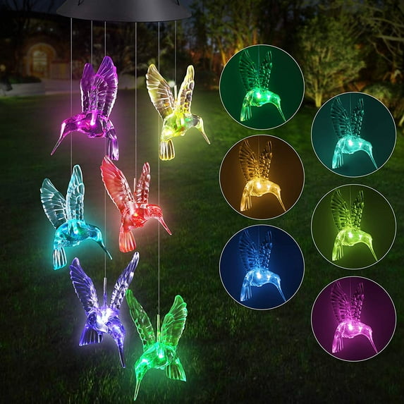 Color-Changing LED Solar Mobile Wind Chime LED Changing Light Color Waterproof Six Hummingbird Wind Chimes for Home Party Night Garden Decoration(Hummingbird)