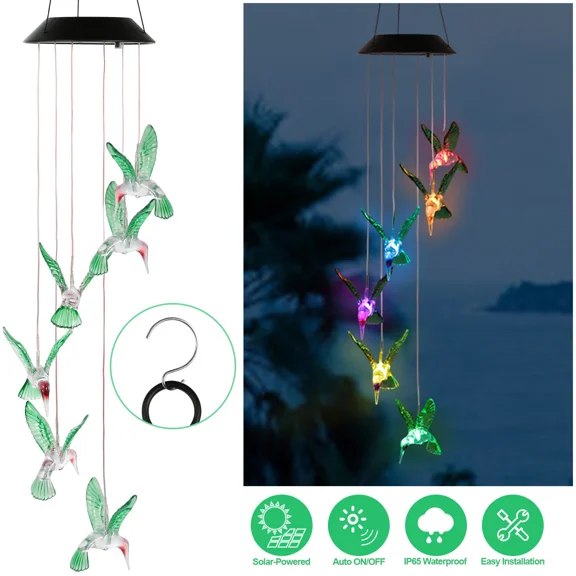 Color-Changing Led Solar Hummingbird Wind Chime String Lights Yard Garden Decor