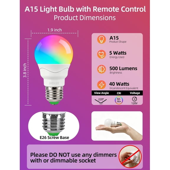 Color Changing Light Bulbs, 40W Equivalent, 3CCT, 9 Colors, 5 Dynamic Color Modes, Sleep Mode, Timer A15, 5W, 500lm E26 Screw with Remote Controls(6 Packs)