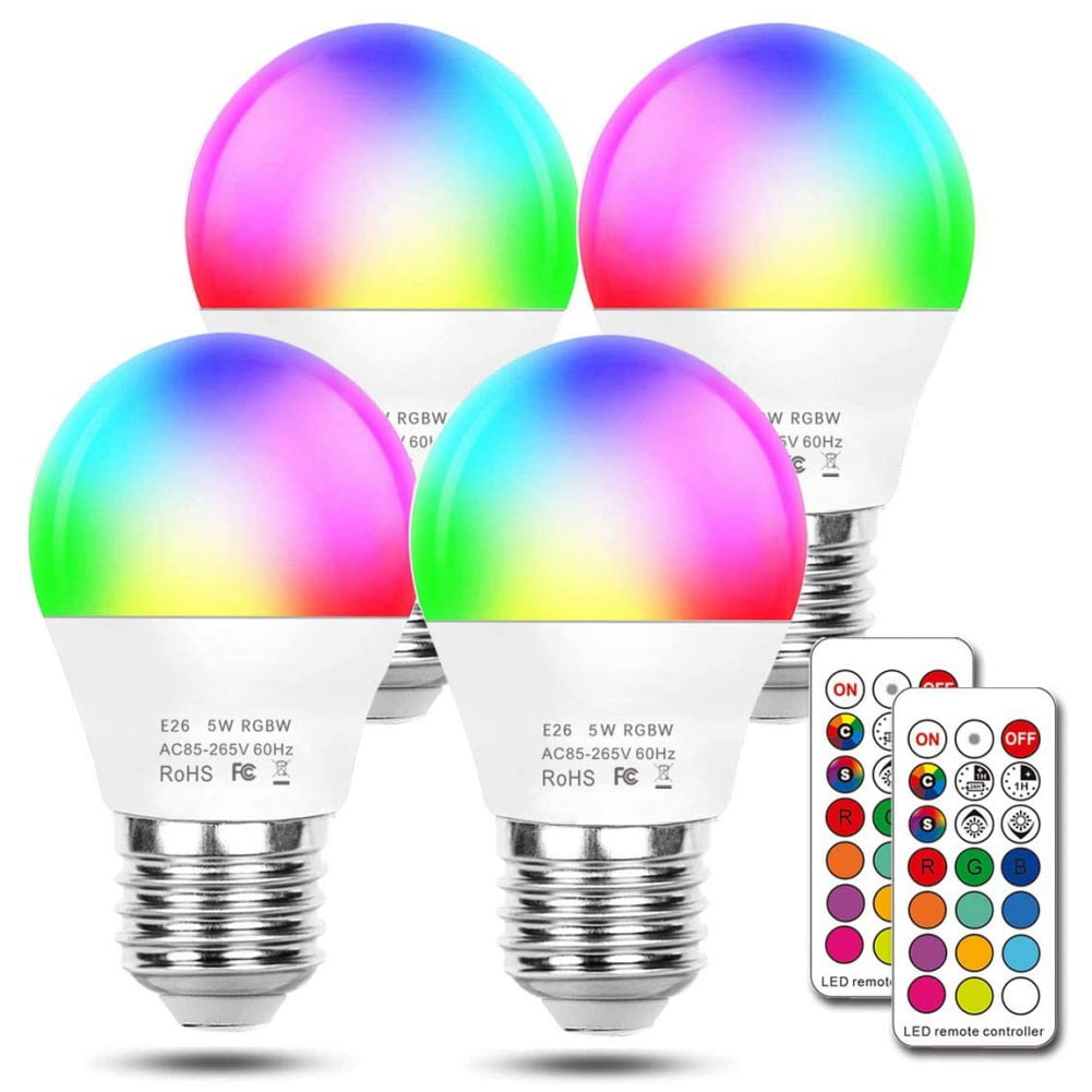 Slopehill Color Changing Light Bulbs 5W Equivalent 40W RGB LED Light Bulbs, with Remote Control E26 LED RGBW Bulb Dimmable , Suitable for Family, Stage Party, 4
