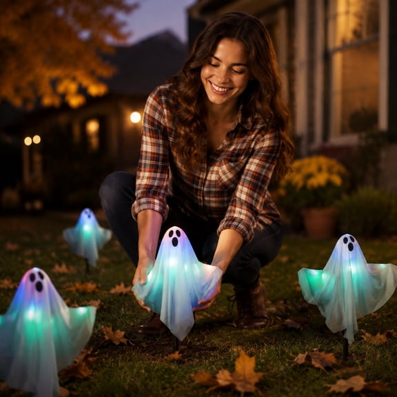 Color Changing Light Up Ghost Ground Stakes,Waterproof Fabric Garden Markers for Walkway Lawn,Spooky Halloween Outdoor Decor