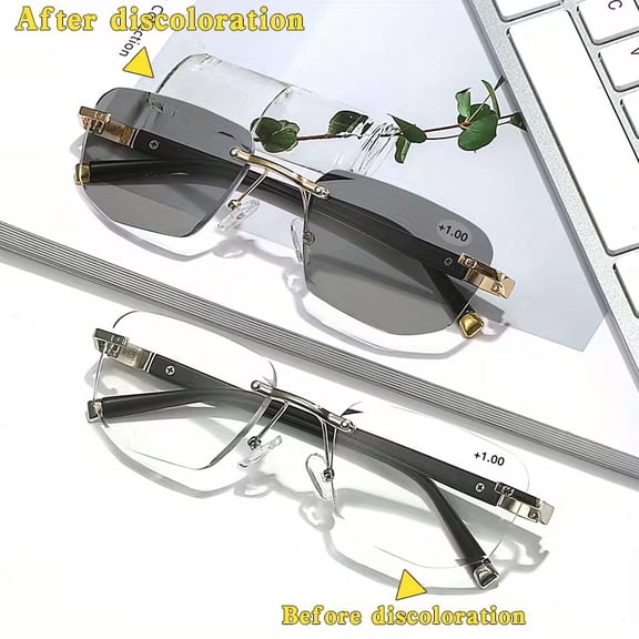 Color Changing Metal Frameless Reading Glasses for Men Women  Auto Light-Adaptive Lenses Adjustable Fit for Driving Computer Reading