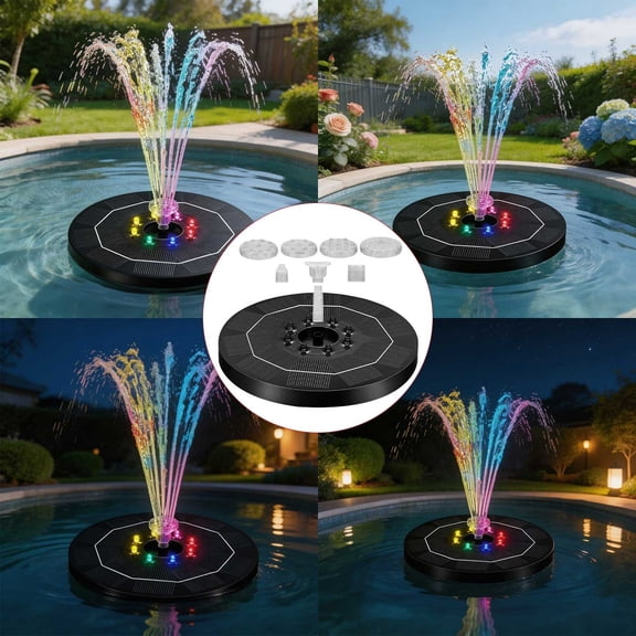 Color Changing RGB LED Solar Fountain Pump, 1.2in Minimum Water Depth 8 Spray Modes,Waterproof ABS Structure for Bird Bath Pond Garden Pool Outdoor Landscape Decor(6.3 in)