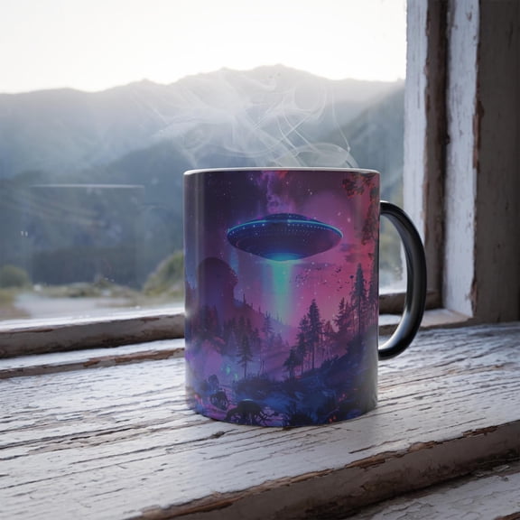 Color Changing Sci Fi UFO Alien Landscape Mug, Temperature Changing Otherworldly Mug, Color Morphing Heat Sensitive Space Planet Mug