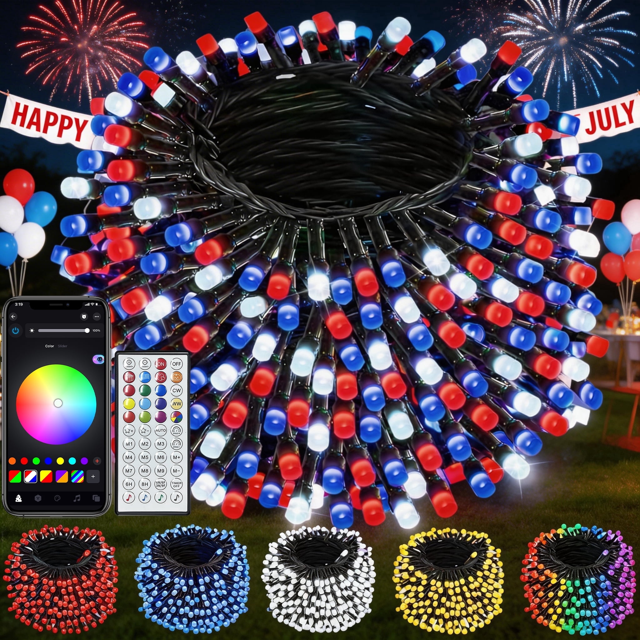 Beatineon 65.6ft 4th of July Decor Patriotic Lights, RGB Smart String Lights,200 LEDs APP & Remote Control with Music Sync, IP44 Waterproof Dark Green Wire for Indoor Outdoor Party Decor