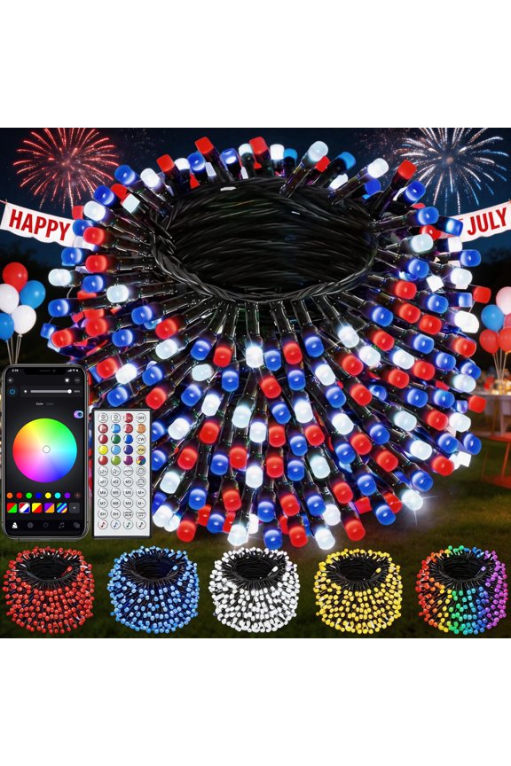 65.6ft 4th of July Decor Patriotic Lights, RGB Smart String Lights,200 LEDs APP & Remote Control with Music Sync, IP44 Waterproof Dark Green Wire for Indoor Outdoor Party Decor