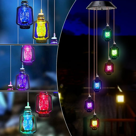 QiShi Color-Changing Solar Powered Lanterns Wind Chime Wind Moblie LED Light, Spiral Spinner Windchime Portable Outdoor Chime for Patio, Deck, Yard, Garden, Home