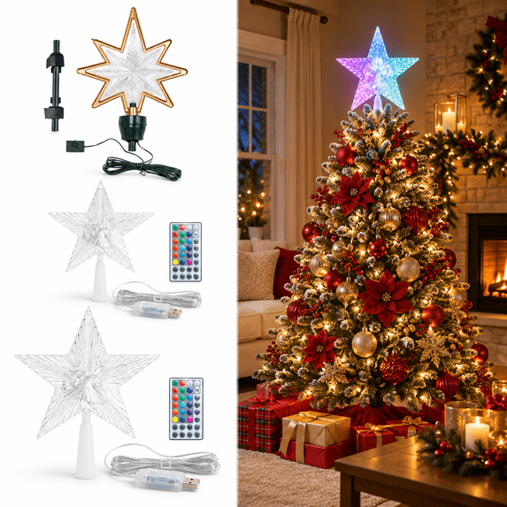 Service Star Layout Color Changing Star Tree Topper, RGB Christmas Decoration with Remote ...