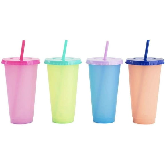 Color Changing Tumbler & Straw Set. 24 oz.- 4 Reusable Cups, Lids and Straws - Summer Coffee Tumblers - Summer Cups, Set of 4