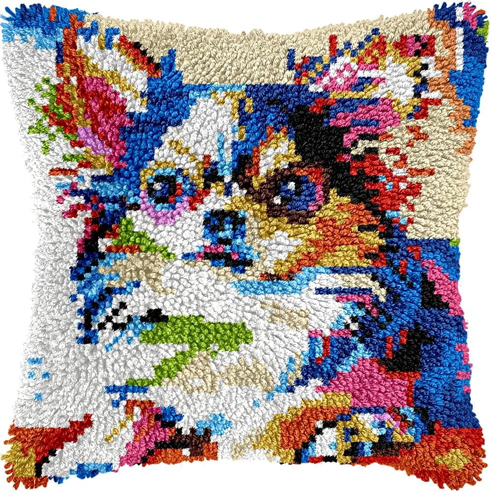 Color Chihuahua Latch Hook Pillow Kits for DIY Handmade Throw Pillow Cushion Embroidery Latch Hooking Pillowcase Kits with Preprinted Canvas Crochet Yarn Kits 17''X 17''(g121)