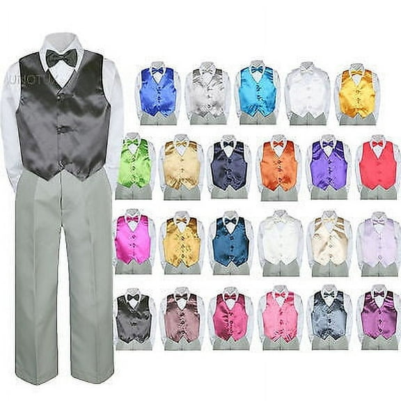 Color Choice 4pc Vest Bow Tie Boy Suit Silver Set Baby Toddler Kid Formal sz S-7
