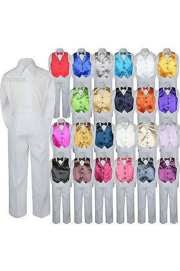 Color Choice 4pc Vest Bow Tie Boy Suit White Set Baby Toddler Kid Formal sz S-7