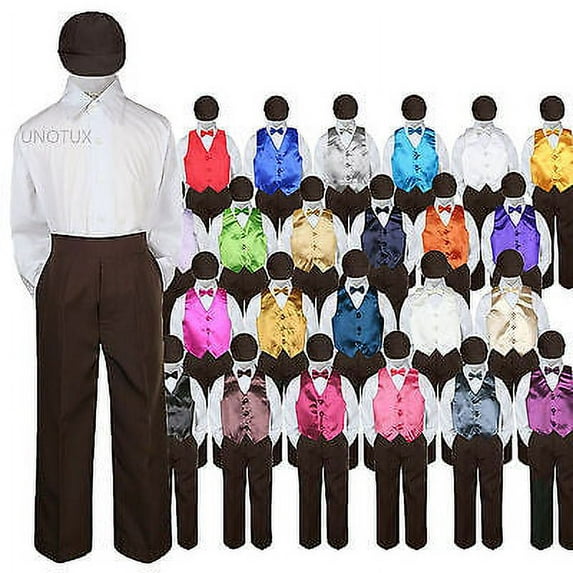 Color Choice 5pc Vest Bow Tie Boy Suit Brown Set Baby Toddler Kid Formal Hat S-7