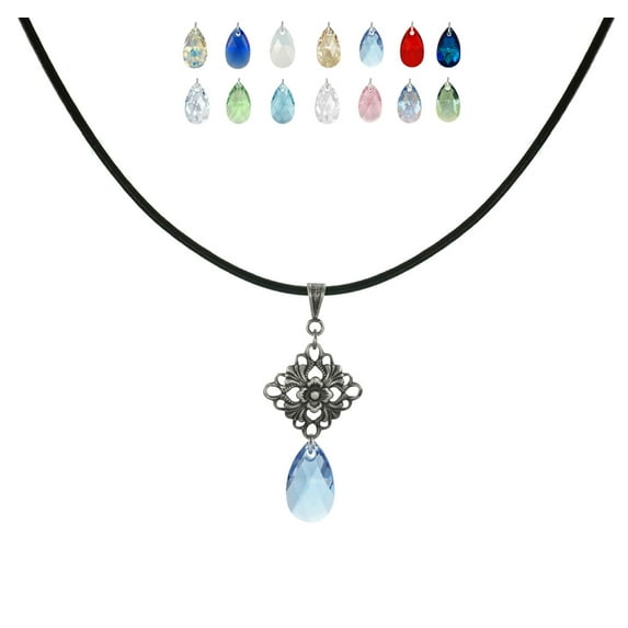 Color Choices Austrian Crystal Teardrop 20 Inch Leather Cord Vintage Style Necklace - Sapphire
