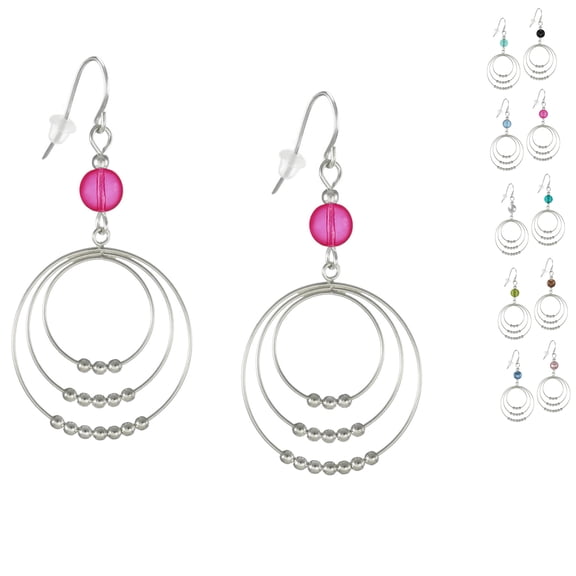 Color Choices Round Beaded Hoop .925 Sterling Silver Earrings - Hot Pink