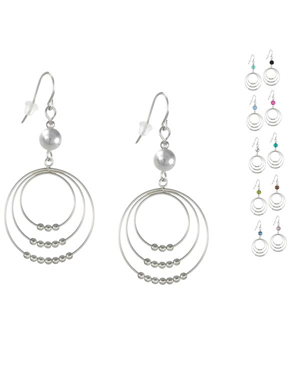 Color Choices Round Beaded Hoop .925 Sterling Silver Earrings - Silver